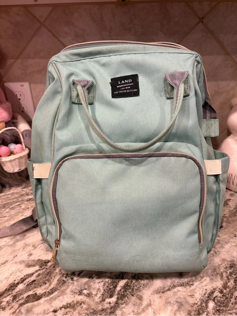 AND Mint Green Backpack with Front Pocket and Top Handles